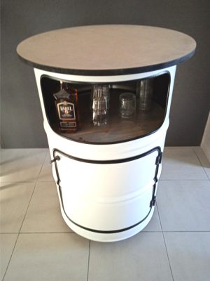 mini bar baril blanc avec plateau bois medium