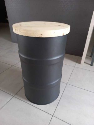 Tabouret bar bidon recyclé gris argenté plateau bois brut
